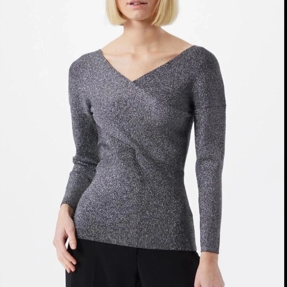 Ted Baker Kyyraa Silver Metallic Off Shoulder Ribbed Knit Top Sz 1 Small Luxury